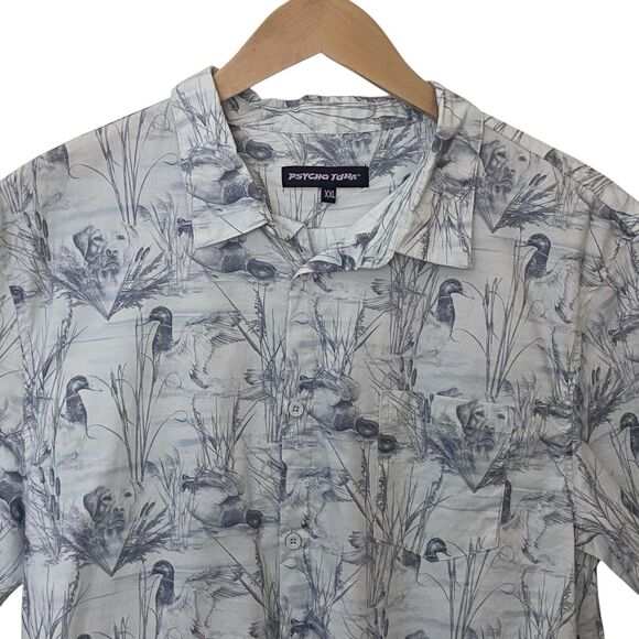 Psycho Tuna Mens Size XXL Slim Fit Button Up Shirt Stretch Duck Dog Print Gray - Picture 2 of 13